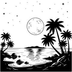 Tropical night illustration in monochrome. Full moon reflects on calm ocean water, silhouetted palm trees, starry sky. Evokes peaceful coastal escape ambiance