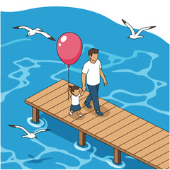 A father and daughter holding hands walking on a pier with a balloon while seagulls fly overhead by the ocean water