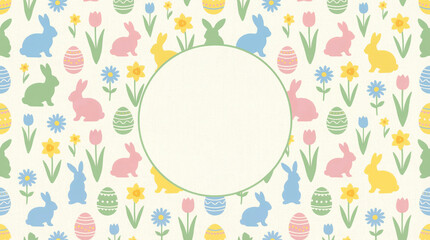 Cute Pastel Easter Pattern Background with Bunnies, Eggs, Spring Flowers, and Copy Space