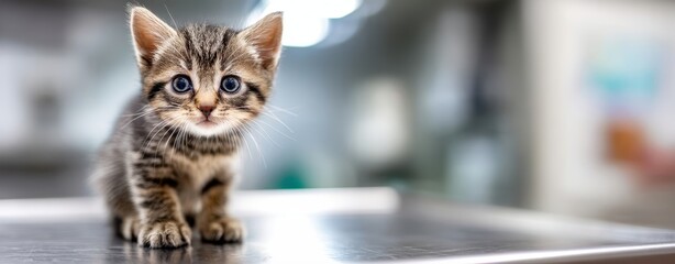 The kitten on a stainless steel examination table at a bright veterinary clinic