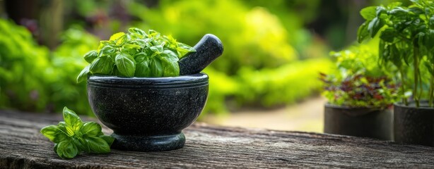 The mortar and pestle filled with fresh basil on rustic wooden table