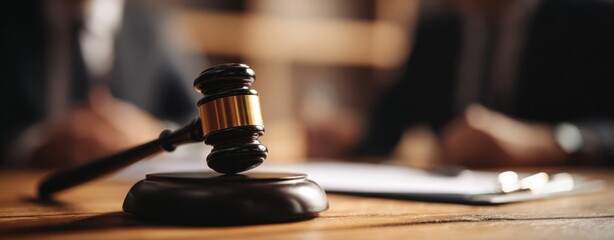 The Gavel in a Courtroom Setting with Legal Documents and Judge in Background