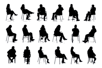 Silhouettes of people sitting on chairs in various postures in a casual setting during the day