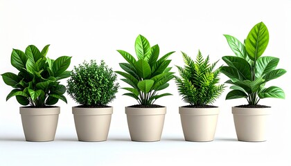 Obraz premium Five elegant indoor plants in matching white pots arranged in a neat row, creating a clean and modern look for home or office interiors