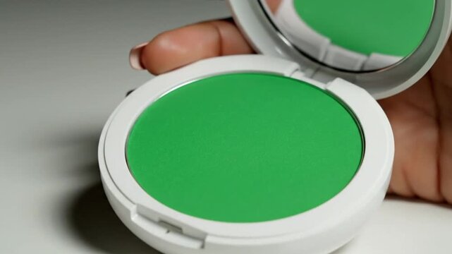 Open Compact Powder Case Showing Bright Green Screen Surface for Creative Makeup Mockup Product Presentation and Advertising Use
