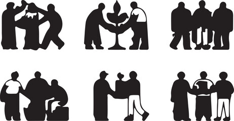 Teamwork and Cooperation Silhouette Icons for Social Concepts.