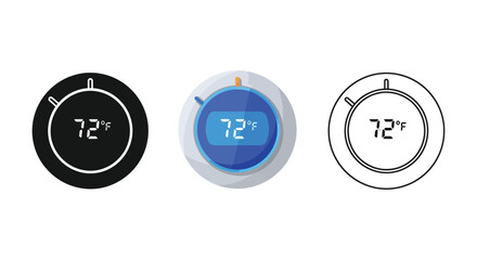 Fototapeta premium Set of three thermostat icons displaying 72 degrees Fahrenheit in solid black, colorful modern, and outline styles
