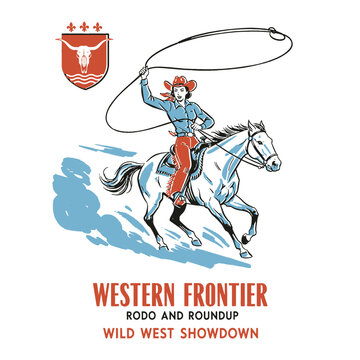 Vintage cowgirl riding horse lassoing rope, western frontier rodeo show vector illustration, wild west design, retro cowgirl print art