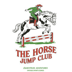 Fototapeta premium Equestrian jump club vintage design, show jumping horse rider graphic illustration, retro sport badge logo, steeplechase adventure print, apparel tee shirt artwork