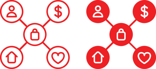 house, dollar sign, heart, security icon, profile icon, dollar sign, lock icon icon, network, connection, business, finance, money, house, home