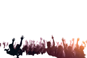 People raise hands in excitement during an outdoor event at sunset in a lively urban setting