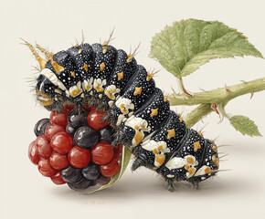 Watercolor style illustration of a black caterpillar on a fresh red and black raspberry, soft hand-painted watercolor texture, smooth color transitions, beige background, minimal and clean composition