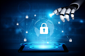 A futuristic robot hand interacts with digital lock icons over a globe, illustrating advanced cybersecurity concepts and the importance of data protection in modern technology. Gantry