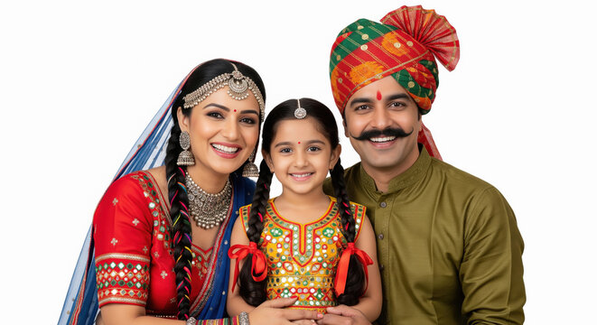 a traditional Indian family in colorful festive attire, with parents standing close behind their young daughter against a white background.