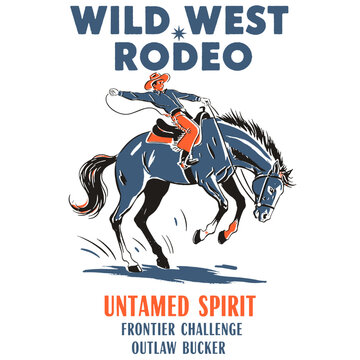 Wild West Rodeo vector illustration, untamed spirit, cowboy riding bucking bronco, vintage apparel print, western design, outlaw bucker graphic, retro