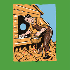 Farmer collecting eggs illustration, retro vintage comic style, man in overalls working on farm, chicken coop, agriculture, rural life, livestock, harvesting eggs © Irfan