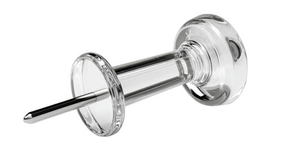 Clear glass paperweight with metal pin on a plain background used for holding documents and papers together