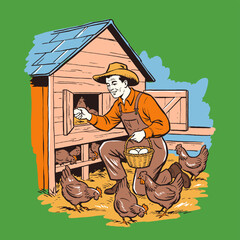 Farmer collecting fresh eggs from hen house, vintage retro illustration, chicken coop, agriculture, poultry, man, overalls, basket, homesteading, organic food, rural life, pop art © Irfan