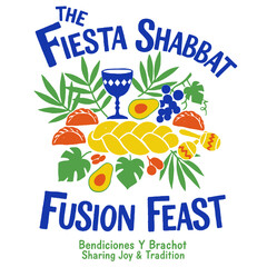 Fiesta Shabbat Fusion Feast, Jewish Mexican culture, Challah, Kiddush cup, tacos, maracas, avocado, tropical leaves, colorful vector, holiday event, folk art food design