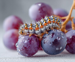 Ultra-detailed macro image of a purple caterpillar resting on fresh purple grapes, covered with sparkling water droplets, natural textures
