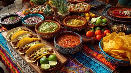 Colorful fiesta with tacos, guacamole, and various salsas on a festive table