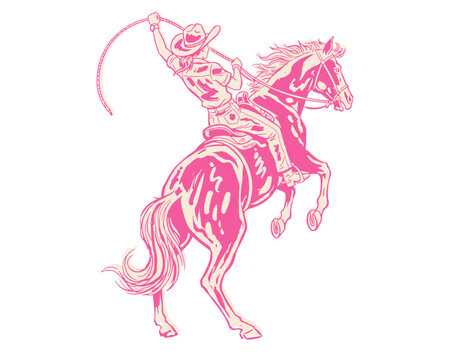 Cowgirl rodeo illustration, vintage western print, wild west poster art, rearing horse, lasso, pink retro design, bucking bronco, cowgirl style apparel graphic