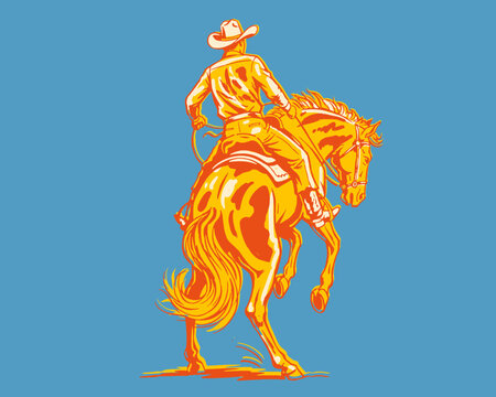 Cowboy on bucking horse, western vintage illustration, bronco rider rodeo art, wild west design, bright pop art colors, retro graphic, yellow orange blue