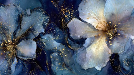 Floral design with blue and gold details in abstract style showing flowers and paint strokes on a dark background