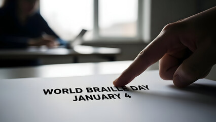 World braille day awareness with hand pointing to braille text