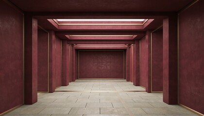 Long symmetrical corridor with red textured walls and ceiling lights.