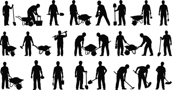 Construction workers silhouettes set, manual labor activities, building industry jobs, teamwork concept, industrial workforce icons, construction tools, 