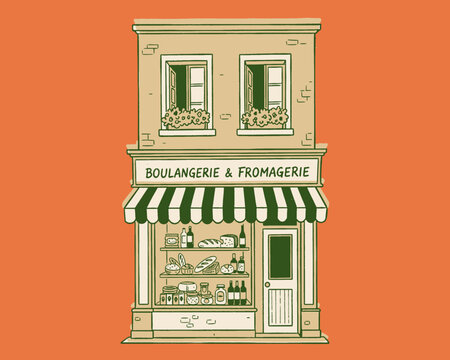 French shop facade, Boulangerie Fromagerie illustration, vintage European storefront, bakery cheese store, retro drawing, Parisian street food, artisanal, bread, cheese, vector, cafe