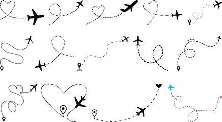 Vector set of hand drawn doodle paper airplane isolated on white background. Line icon symbol of travel and route. Vector icon.Paper plane with dotted line, Origami paper airplane, Travel symbol, © MR Vector Store