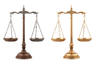 Two scales of justice sitting side by side, showing different colors and materials of the base and bowls, representing fairness and balance in law
