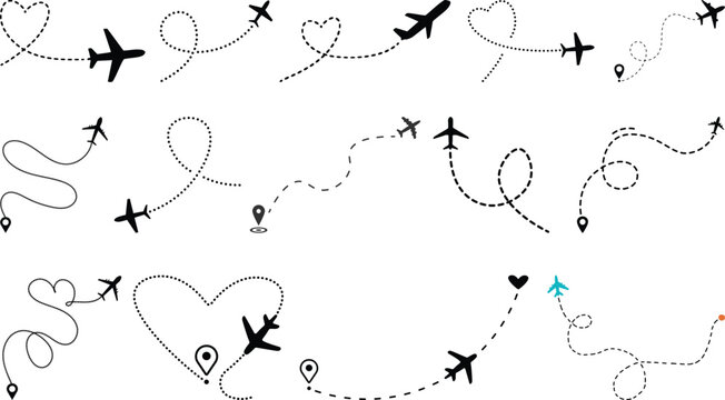 Vector set of hand drawn doodle paper airplane isolated on white background. Line icon symbol of travel and route. Vector icon.Paper plane with dotted line, Origami paper airplane, Travel symbol,