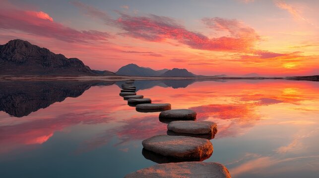 Stepping stones appear across still water during sunset. The sky shows colors of orange and pink reflecting on the water. Mountains stand in the background.