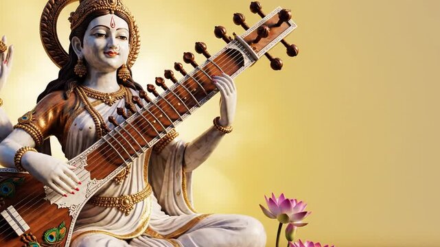 Saraswati Puja Background With Goddess Saraswati Statue, Veena, and Lotus Flowers