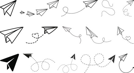 Vector set of hand drawn doodle paper airplane isolated on white background. Line icon symbol of travel and route. Vector icon.Paper plane with dotted line, Origami paper airplane, Travel symbol, © MR Vector Store