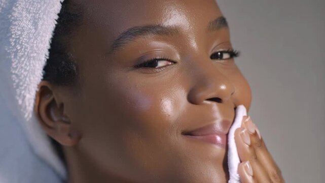 Young black woman applying toner on her face and smiling, concept of PDRN toners  