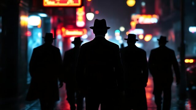 Shadowy Syndicate Gangsters Walking Down Neon Lit City Street.