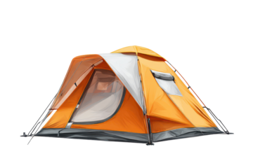 Camping tent set up for outdoor use in a natural area during daytime with sunlight shining on the structure and surroundings