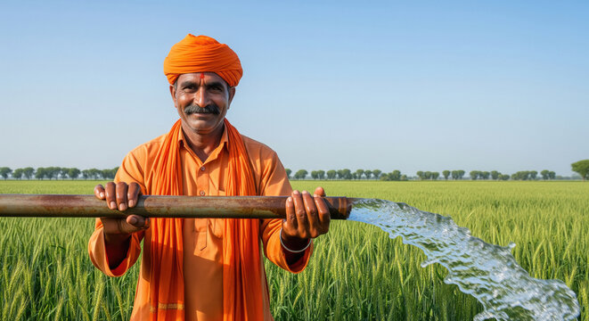 A proud Indian farmer in bright orange traditional attire stands in a lush green field, holding an irrigation pipe as water flows