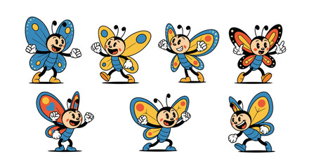 Obraz premium Set of cartoon butterflies in retro style.