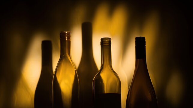 cellar. Artistic arrangement of wine bottles with dramatic backlighting, creating a moody atmosphere. bar promotions, beverage menus, designed for food & beverage menus and cafe branding.