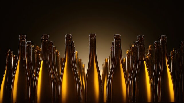 cellar. Artistic arrangement of wine bottles with dramatic backlighting, creating a moody atmosphere. bar promotions, beverage menus, designed for food & beverage menus and cafe branding.