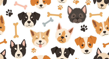 Fototapeta premium An adorable seamless pattern showcasing a variety of cartoon dog faces, paw prints, and scattered bones on a clean white background.