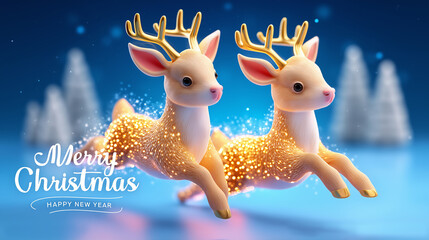 Christmas greeting card, two reindeer leaping,glowing golden "Merry Christmas & Happy New Year" in white cursive font upper left, festive.