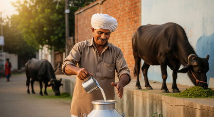 An Indian dairy farmer in traditional attire pours fresh milk from a small steel jug into a large milk can on a village street