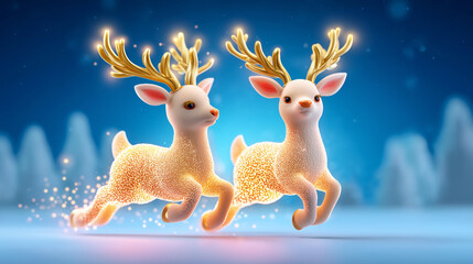 Christmas greeting card, two reindeer leaping,glowing golden "Merry Christmas & Happy New Year" in white cursive font upper left, festive.