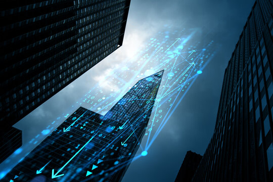 Digital data flow over modern skyscrapers in dark cityscape background with glowing binary code and arrows representing online network exchange concept. - Powered by Adobe